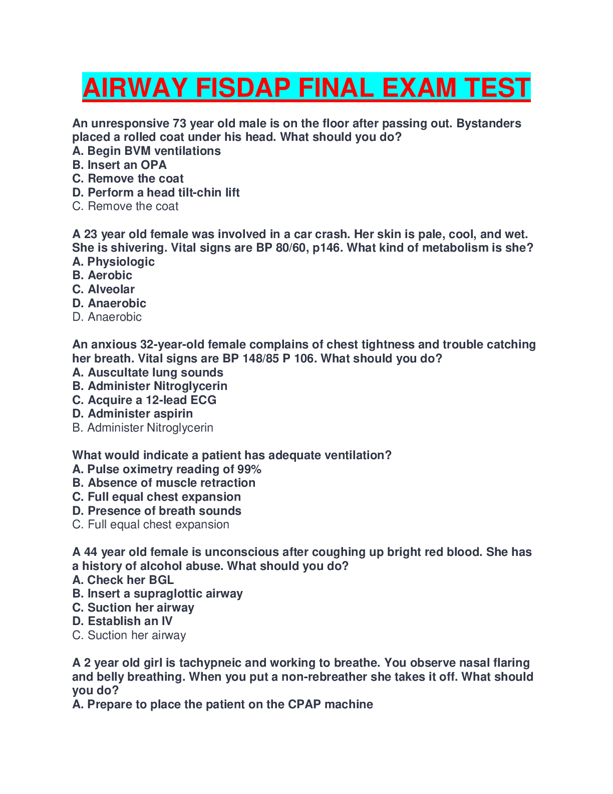 FISDAP ( Airway) Exam with Questions and Answers Browsegrades